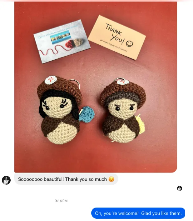 Customer message showing two Tiny Pilgrim dolls